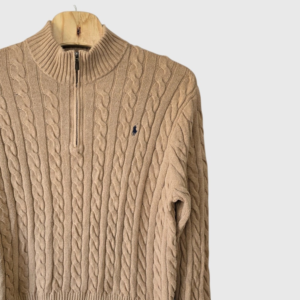 Polo Ralph Lauren Mens 3XB Big & Tall Tan Cable Knit Quarter Zip Cotton Sweater